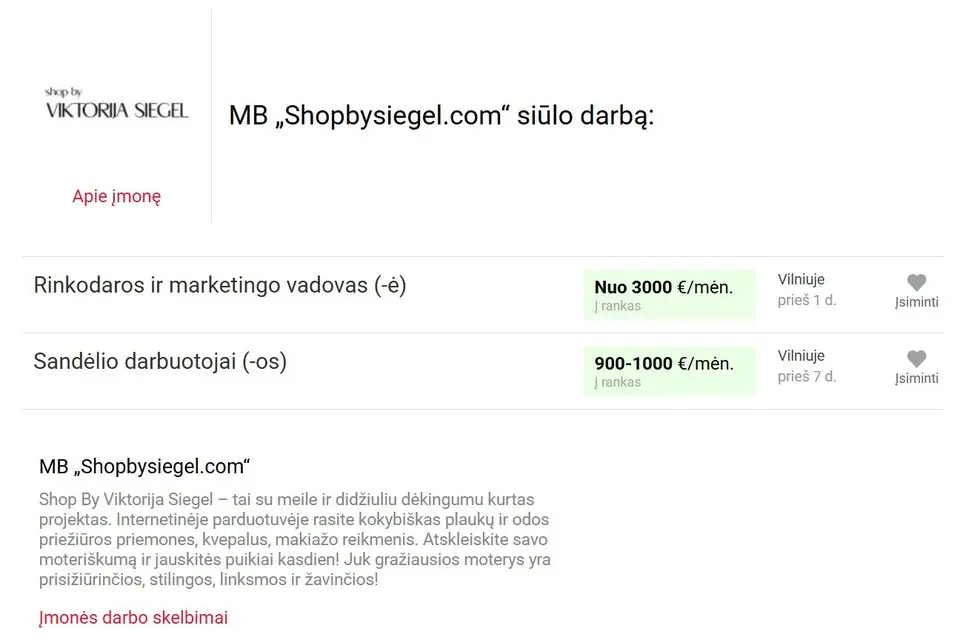 Shopbysiegel.com ieško darbuotojų Shopbysiegel.com ieško darbuotojų
