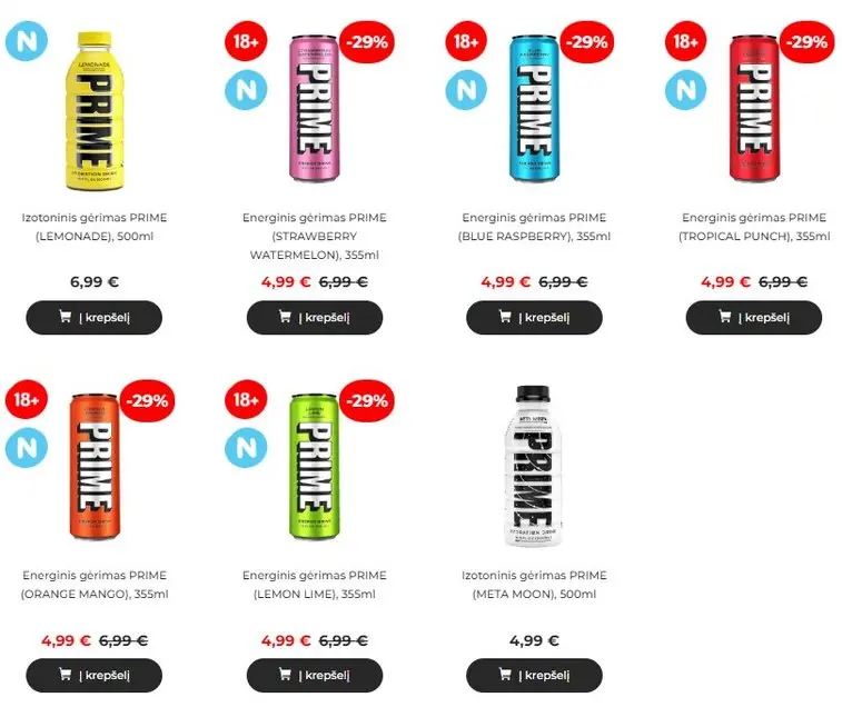 Gėrimai „Prime“ („Candy POP“ el. parduotuvės ekrano nuotr.) Gėrimai „Prime“ („Candy POP“ el. parduotuvės ekrano nuotr.)